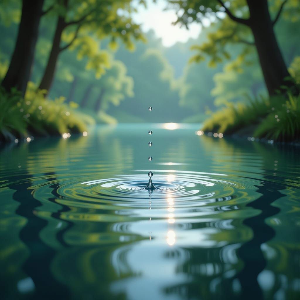 Water Droplet Creates Ripples in Pond: Photorealistic Close-...