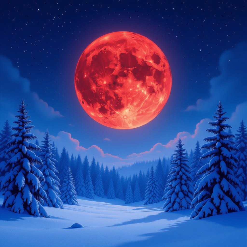 Crimson Moon Over Snowy Forest on Winter Solstice