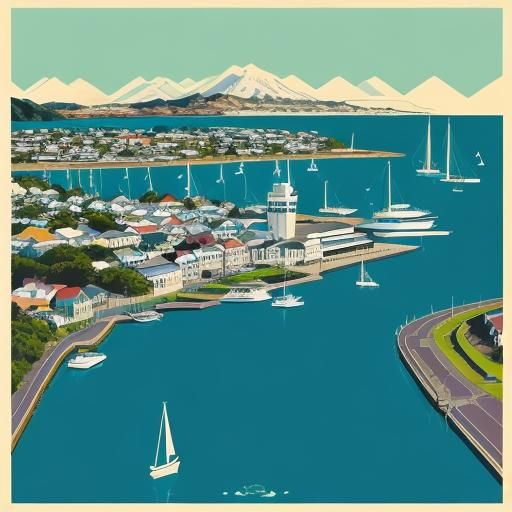 Bauhaus-Inspired Geelong Harbor Scene in Triadic Colors