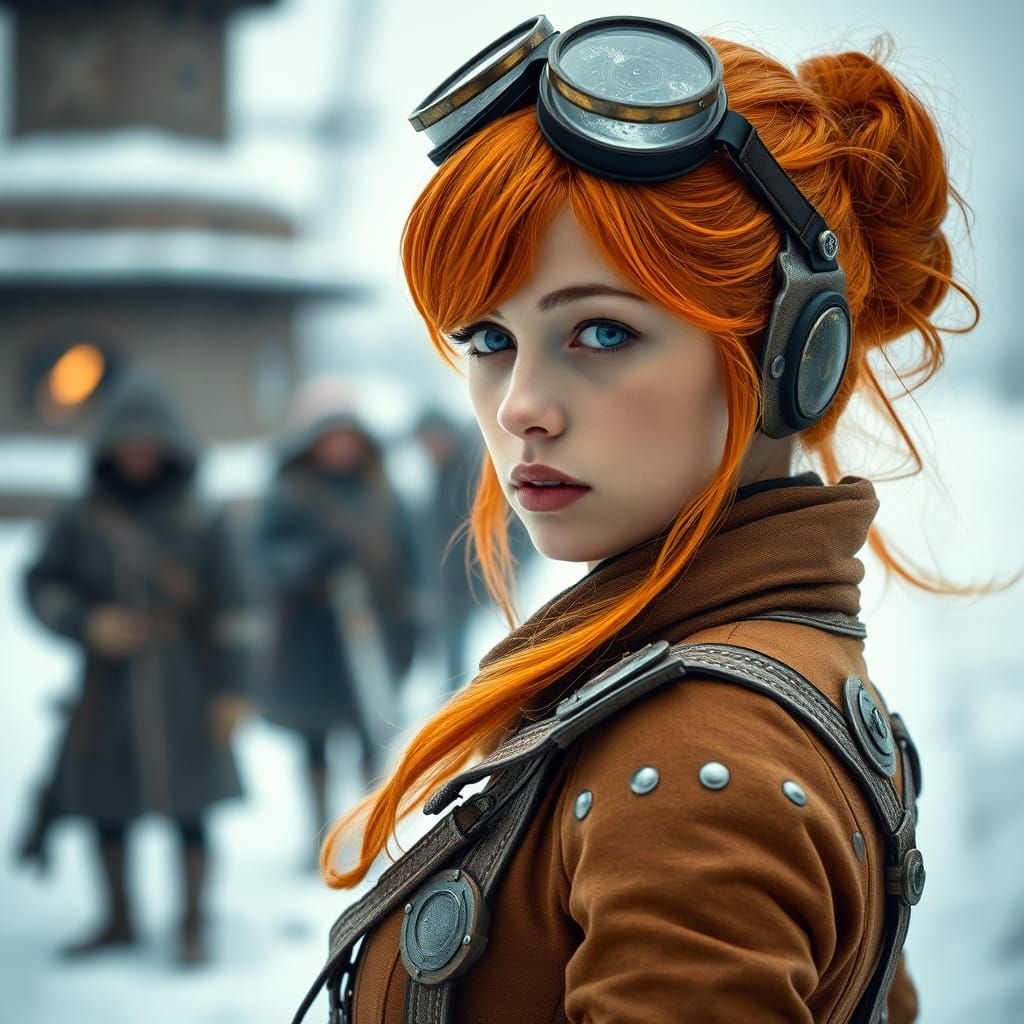 Young Steampunk Adventurer in Winter Landscape