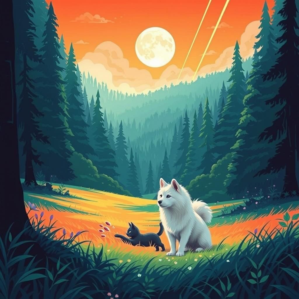 Playful Spitz and Cat in Colorful Vector Art