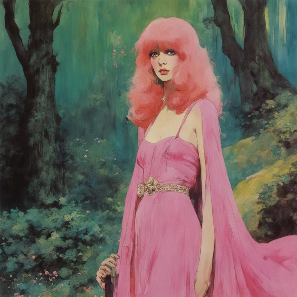 Sorceress with Pink Hair in Retro Anime Style