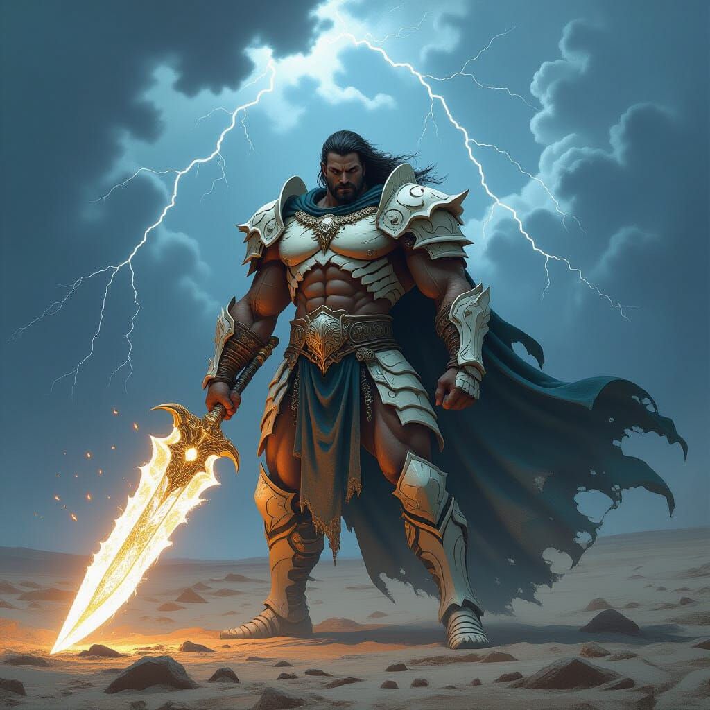 Warrior with Crystal Blade on Windswept Plain