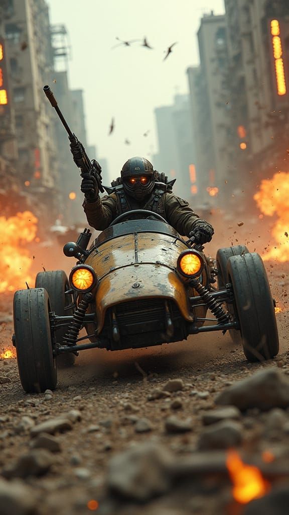 Post-Apocalyptic Driver Speeds Through Ruined City