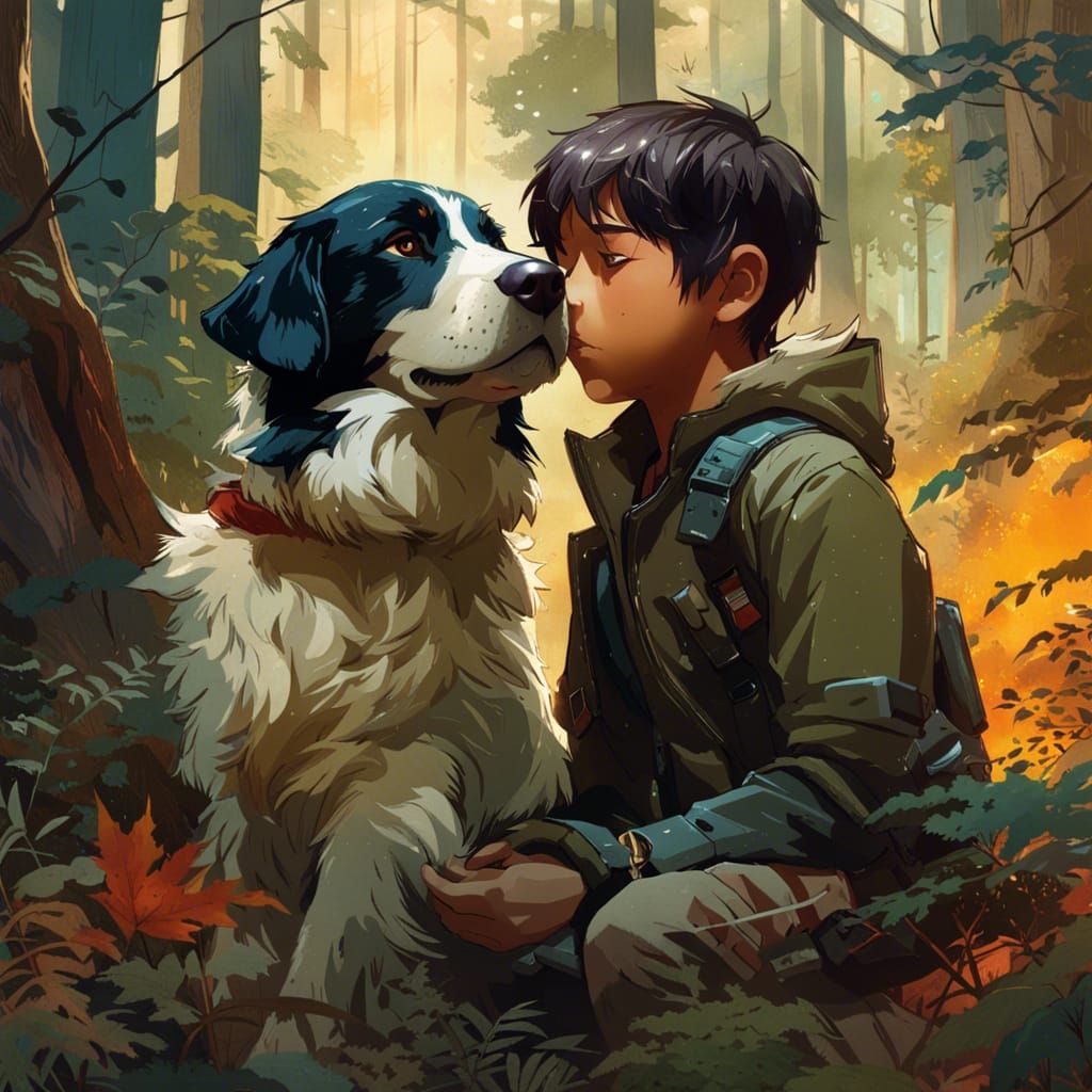Boy and Dog Cuddle in Forest, Digital Art