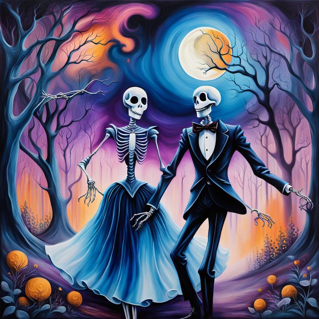 airbrush + alcohol inks, whimsical, close-ups, jack skeleton and his wife dancing through the forest, Bg forest clearing...