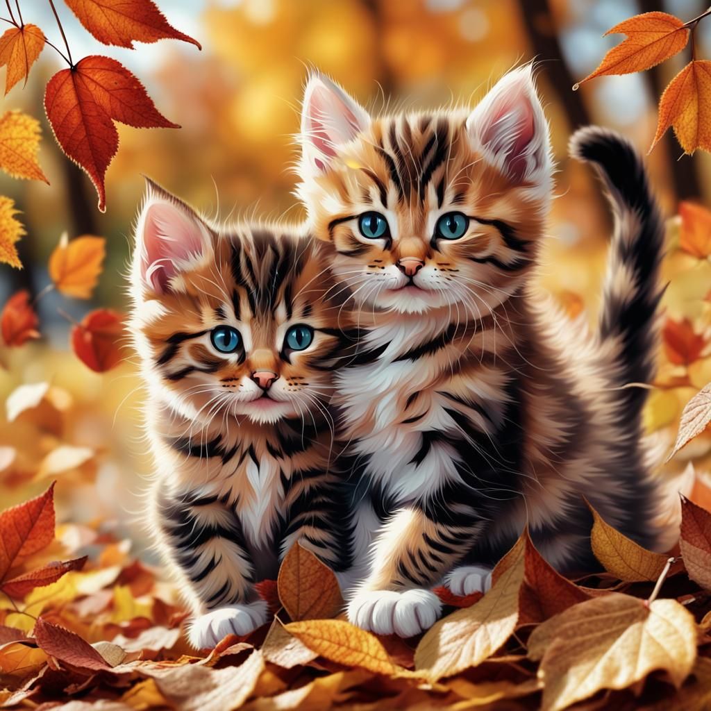 Playful Fluffy Kittens in Autumn Leaves: Macro Photography