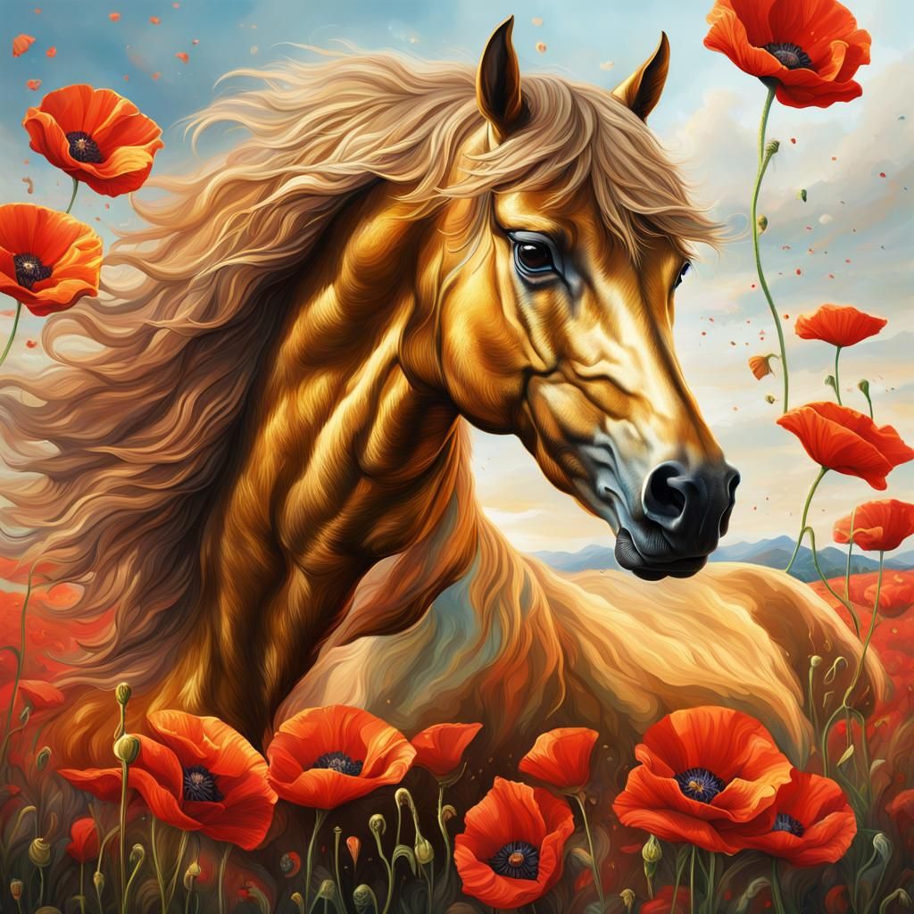 Gold Horse in Poppy Field: Hyperrealistic Splash Art