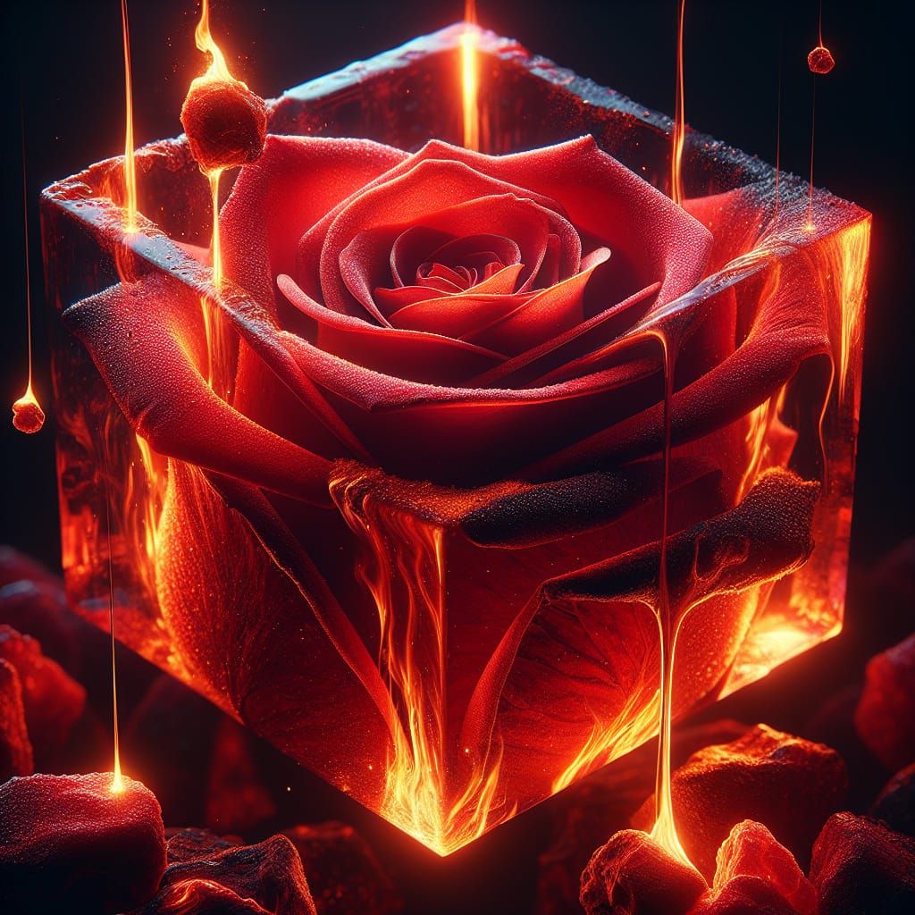 Rose in Fire Cube: A Macro Photorealistic Image