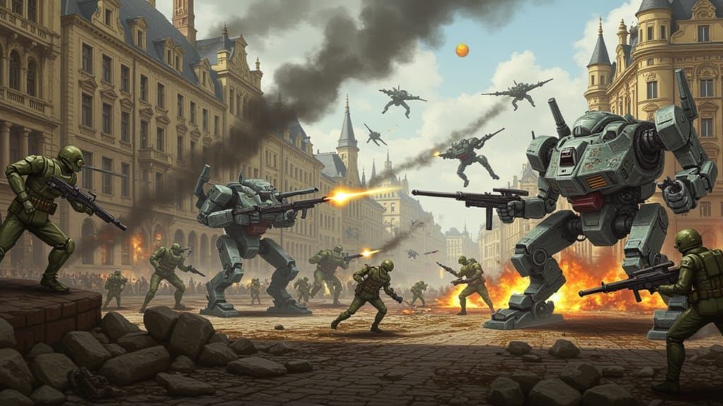 Epic Battle Scene in Petrolpunk Steampunk Cityscape