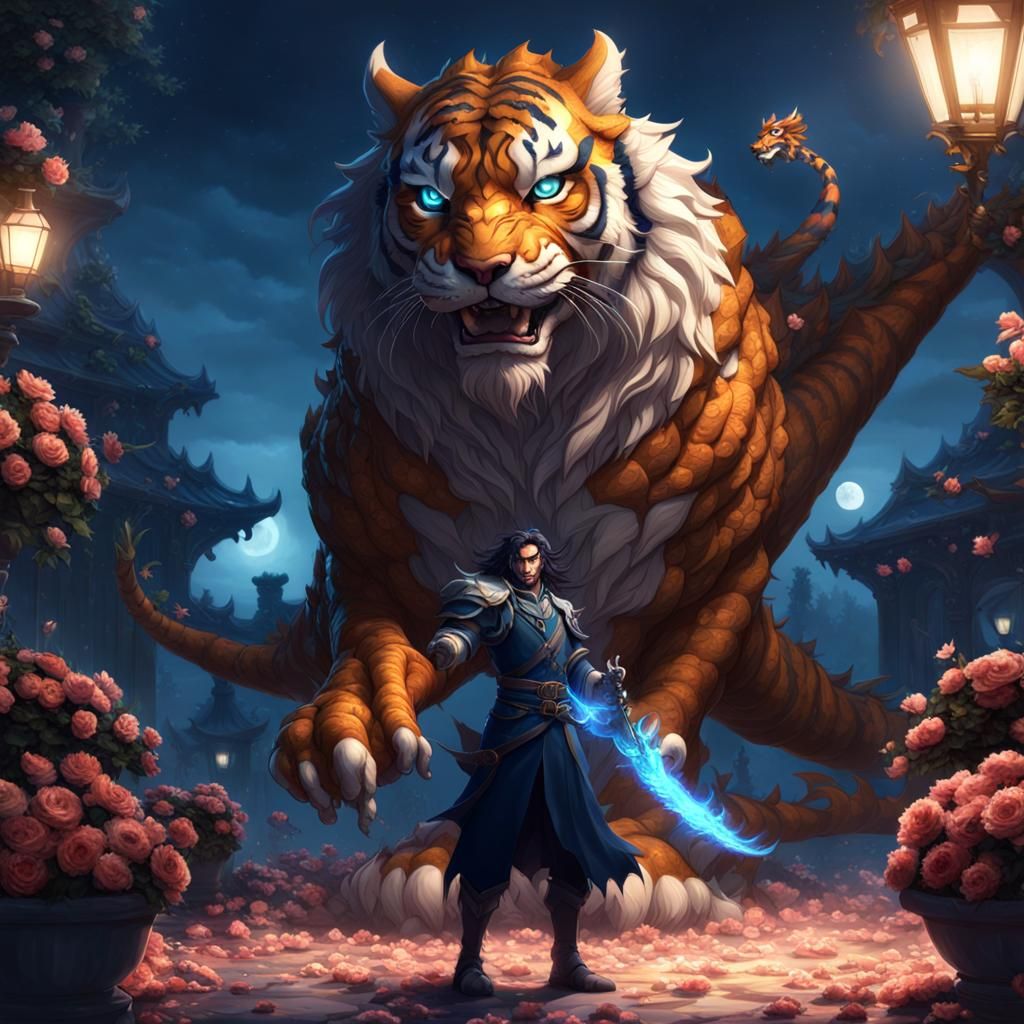 Man with Tiger-Dragon in Moonlit Rose Garden