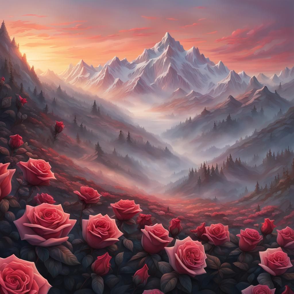 Misty Mountains and Roses at Dawn: Hyperrealistic Art