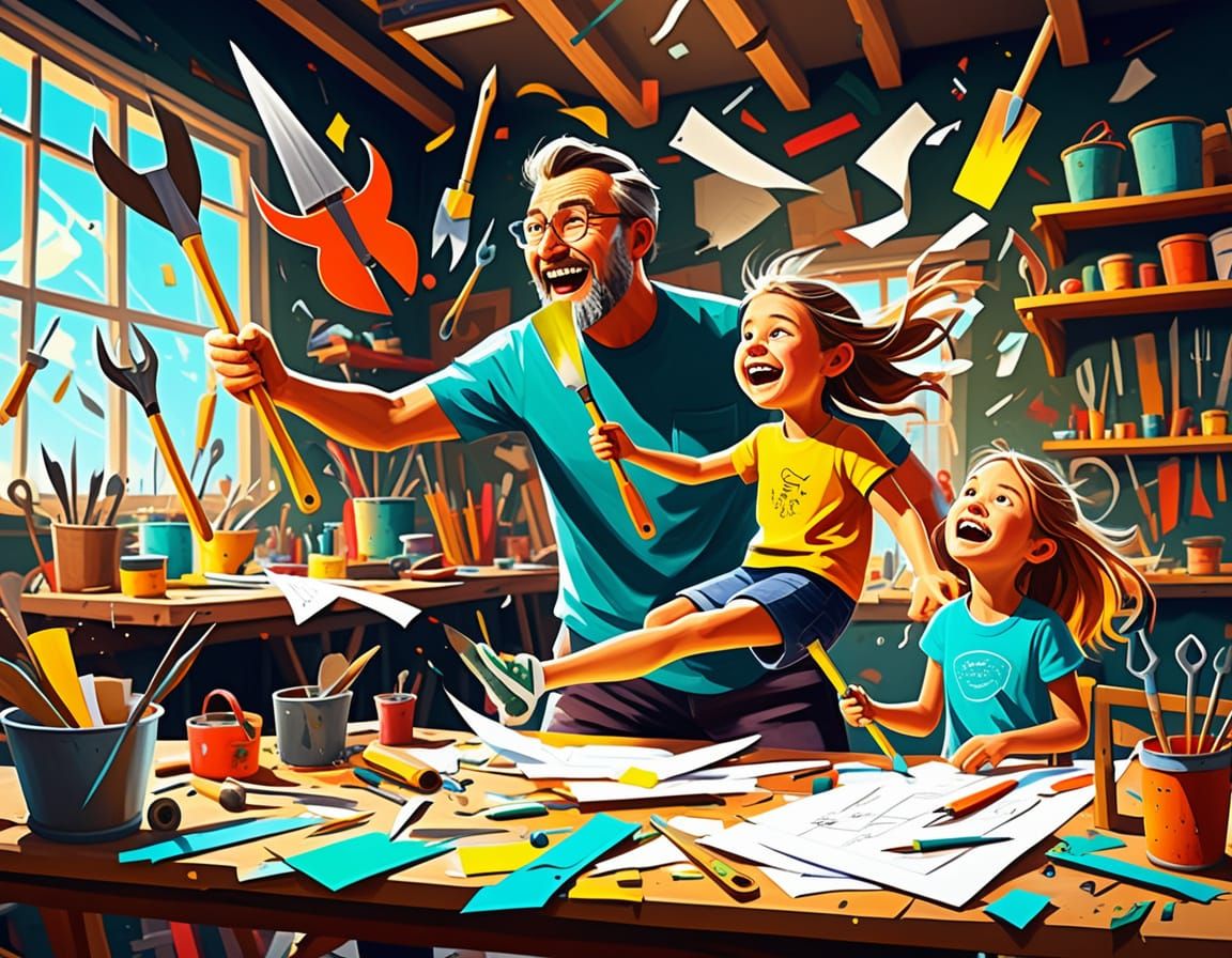 Father and Daughter Playfully Causing Chaos in Workshop