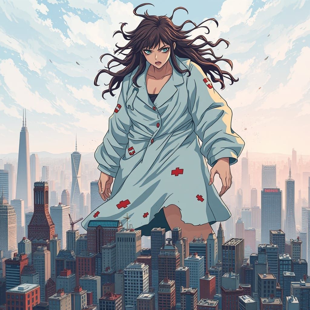Giantess Rampages a City in Classic Anime Style