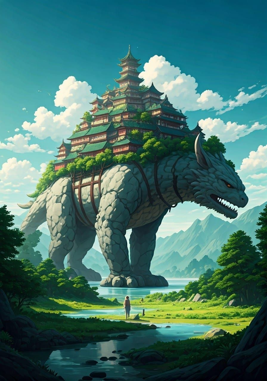 Fantasy Village Carried by Ancient Guardian