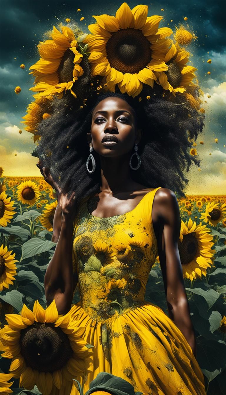 Black Goddess in Sunflower Field: Digital Graffiti Art