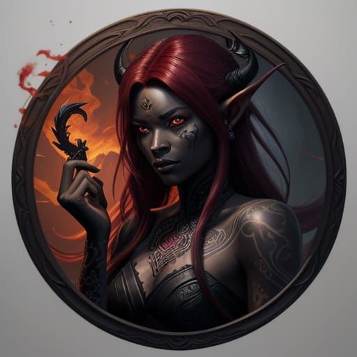 Tiefling Character Design with Tattoos and Fiery Hair