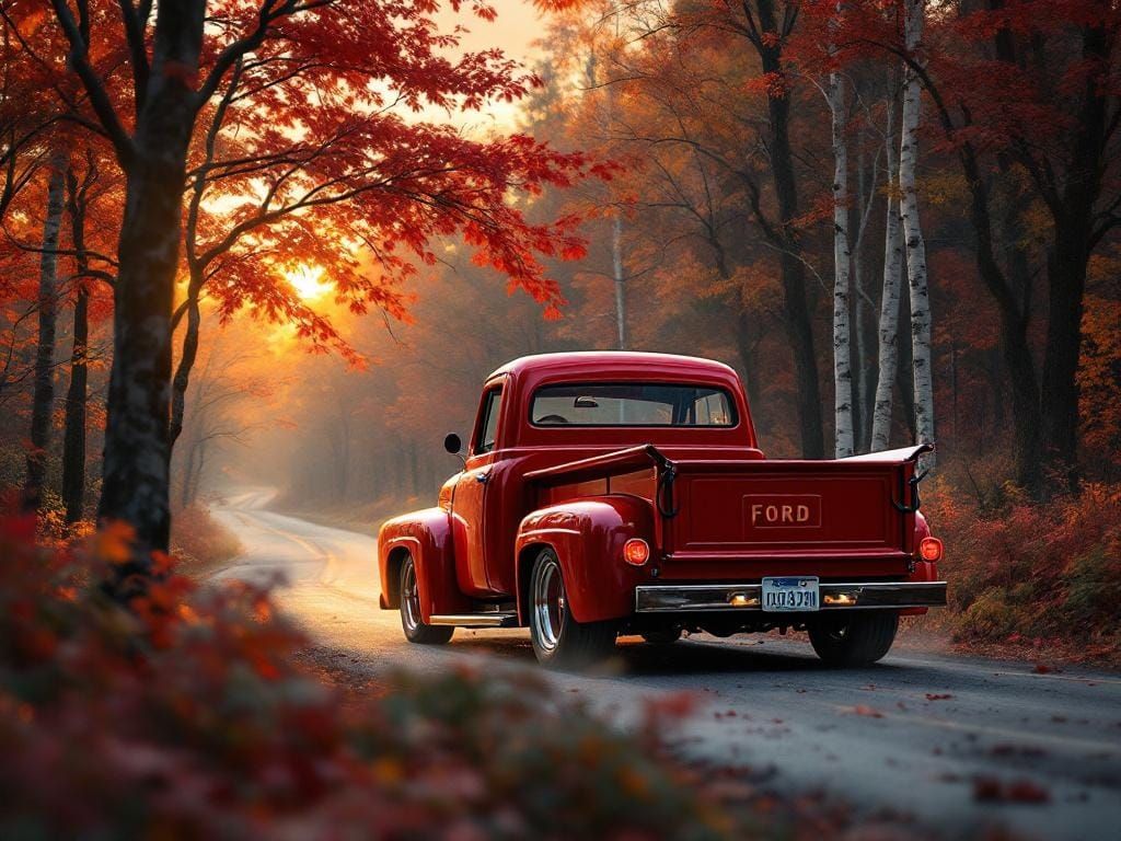 Vintage Red Ford Pickup in Autumn Forest