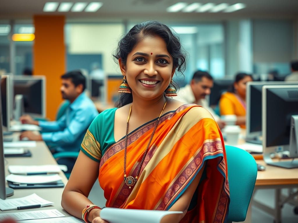 Indian Office Scene in Vibrant Sari Style