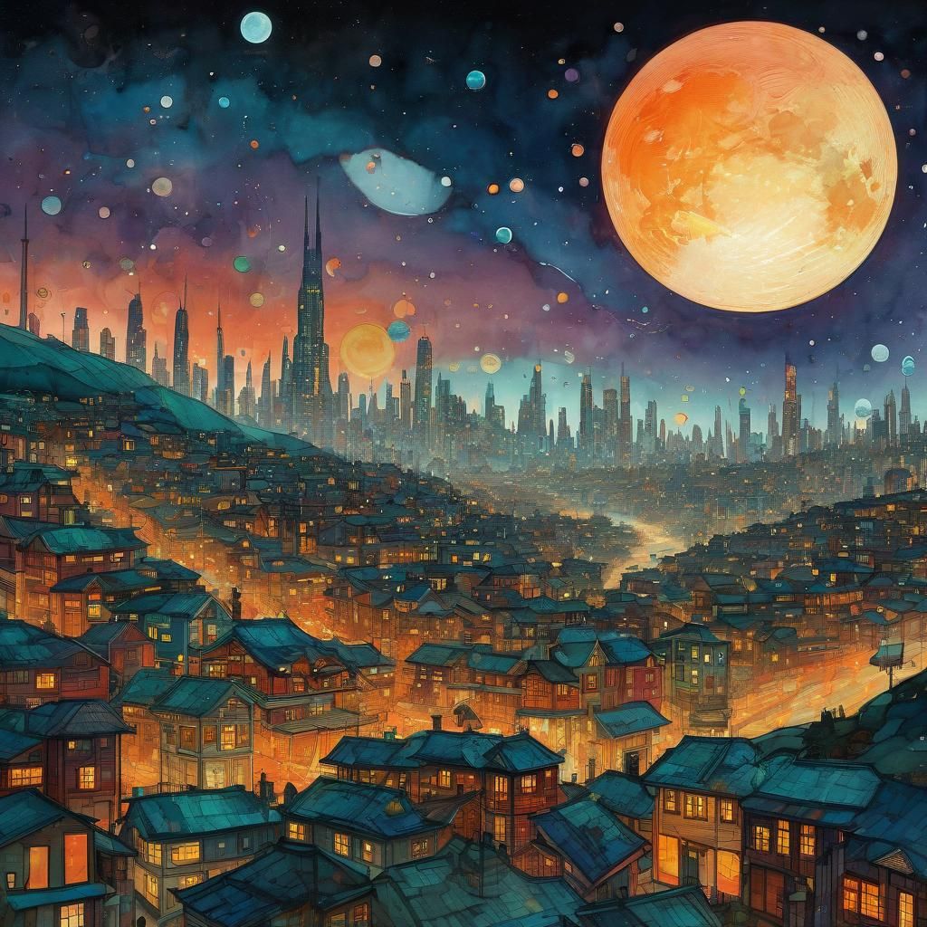 Giant Super Moon Over Whimsical Cityscape
