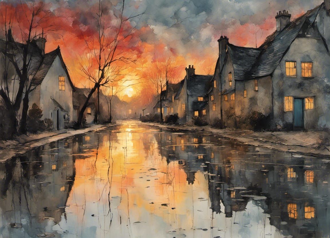 Cotswold Sunset Reflections: Pointillist Impression
