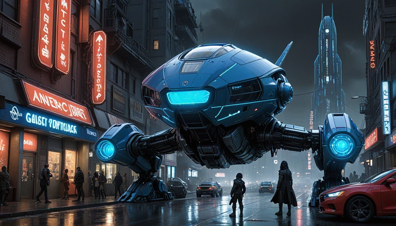 Cyberpunk Spacecraft Lands in Futuristic Cityscape