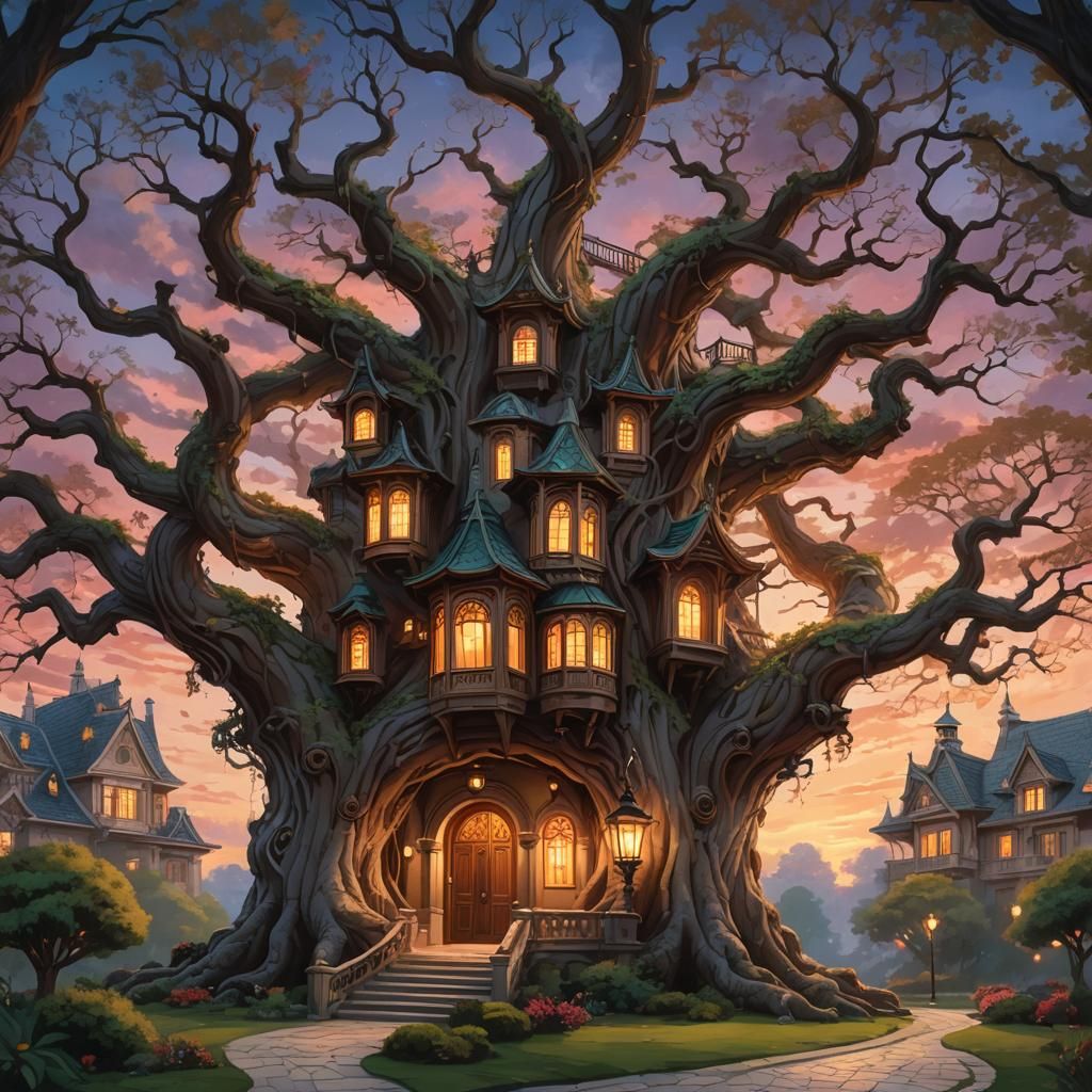 Tree Mansion in Anime Style at Twilight