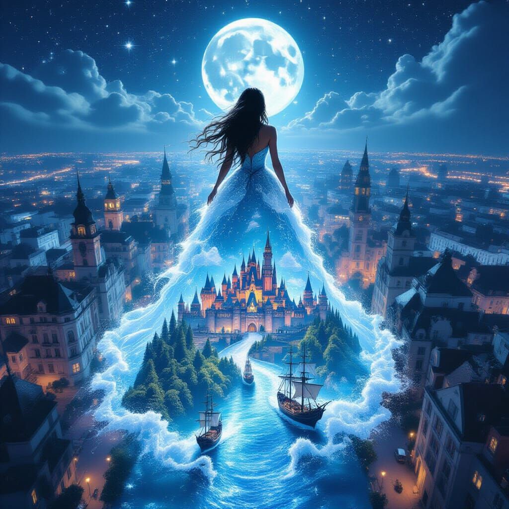 Giant Woman with Waterfall Hair Over Retro City