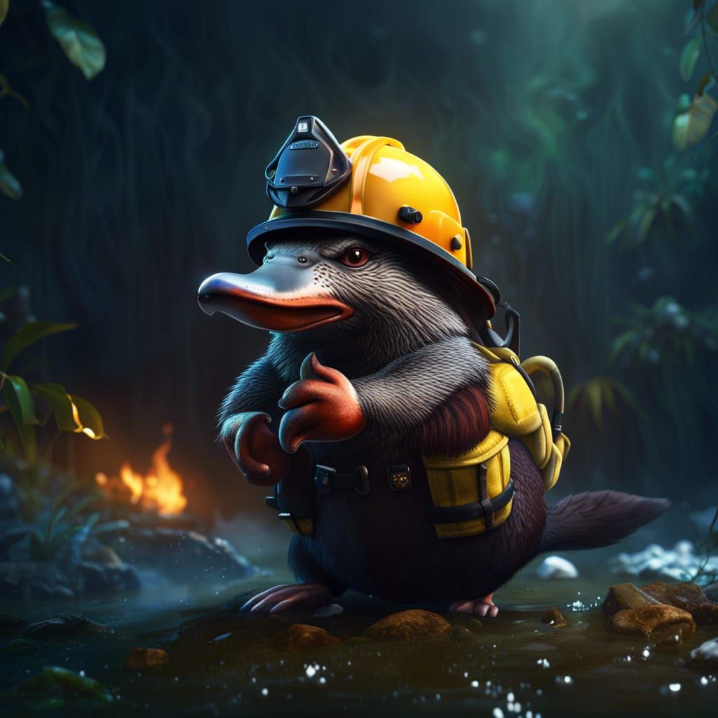 adorable Australian animal platypus as a firefighter with helmet