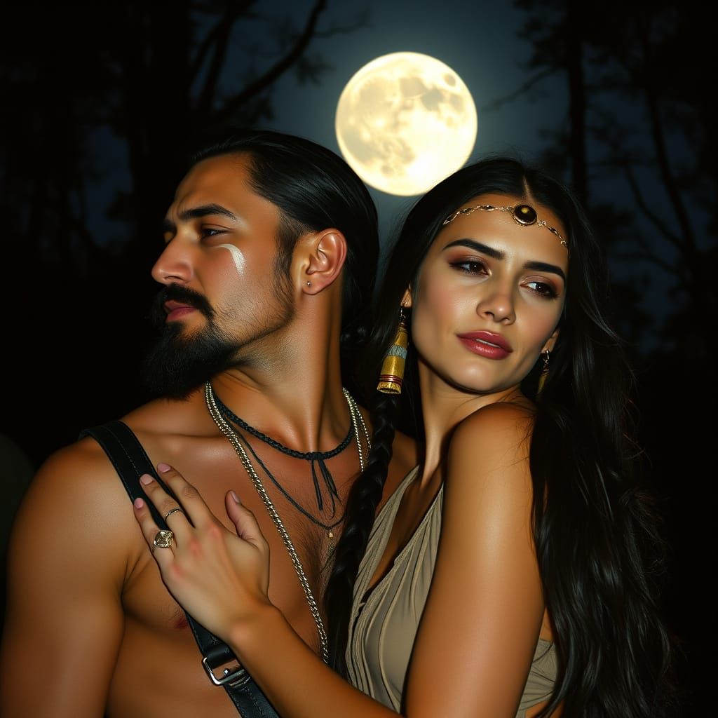 Native American Couple Embrace Under Moonlight, Hyperrealist...