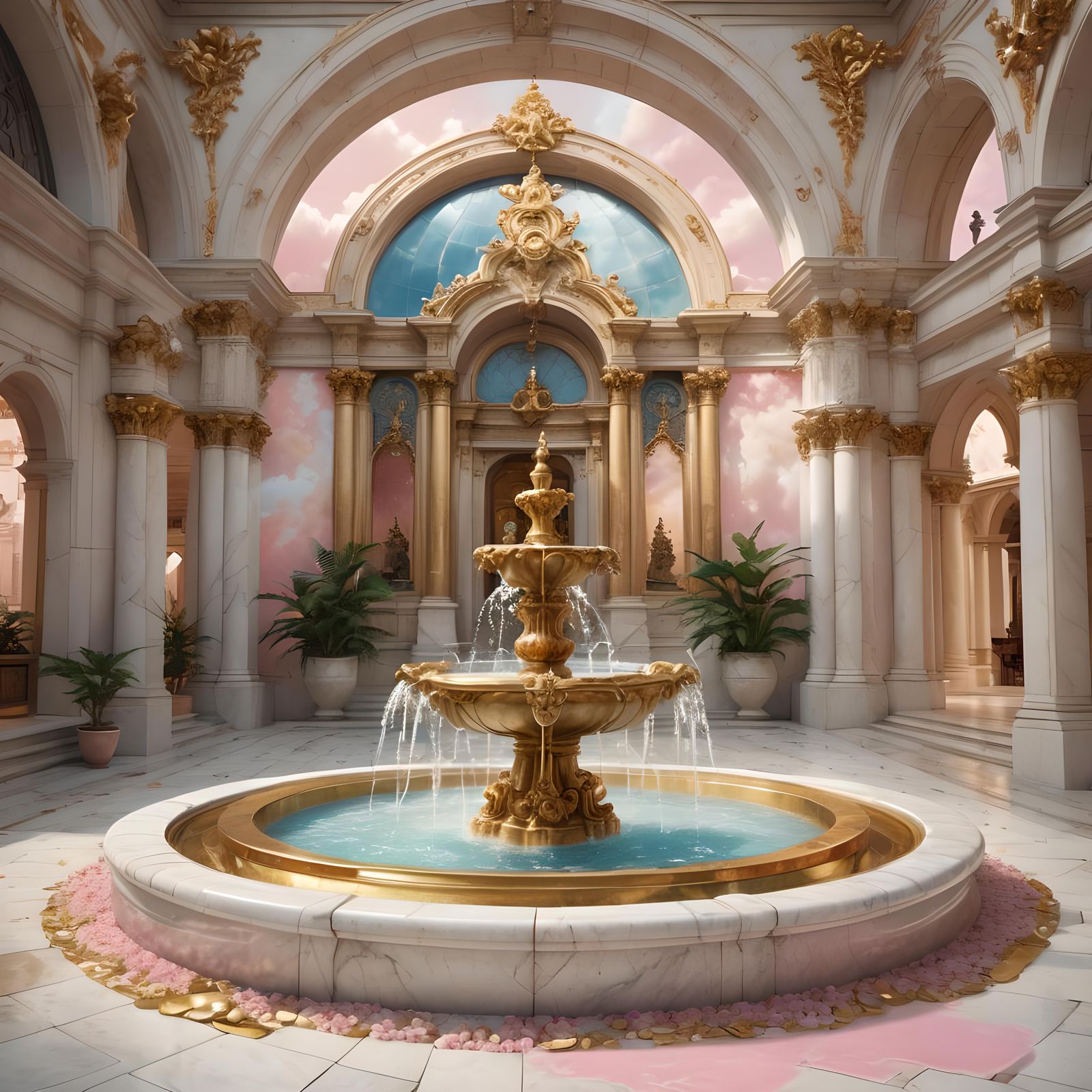 Ornate Golden Fountain in Pastel Fantasycore Style