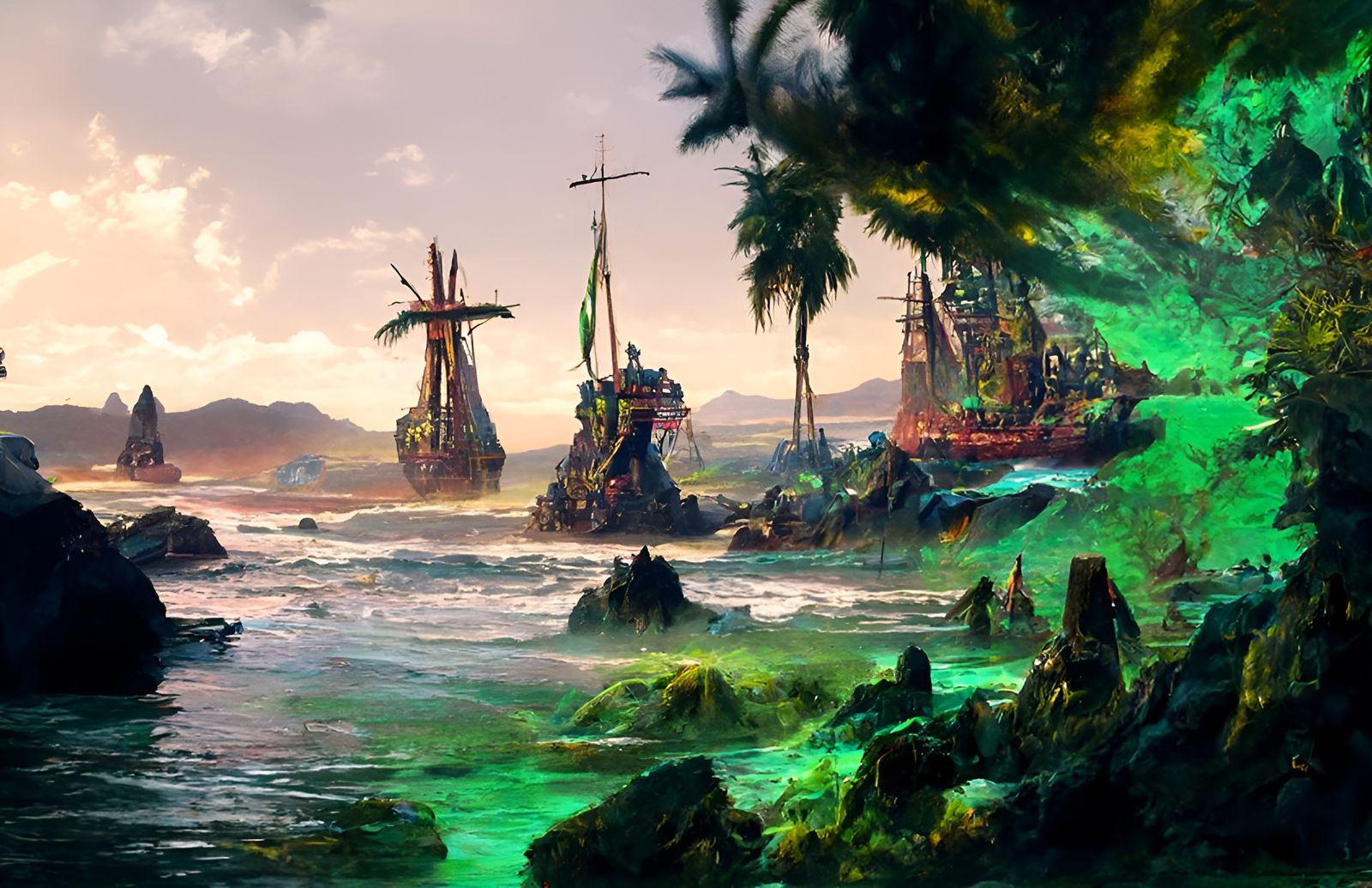 Surreal Emerald Coast with Approaching Pirate Ship