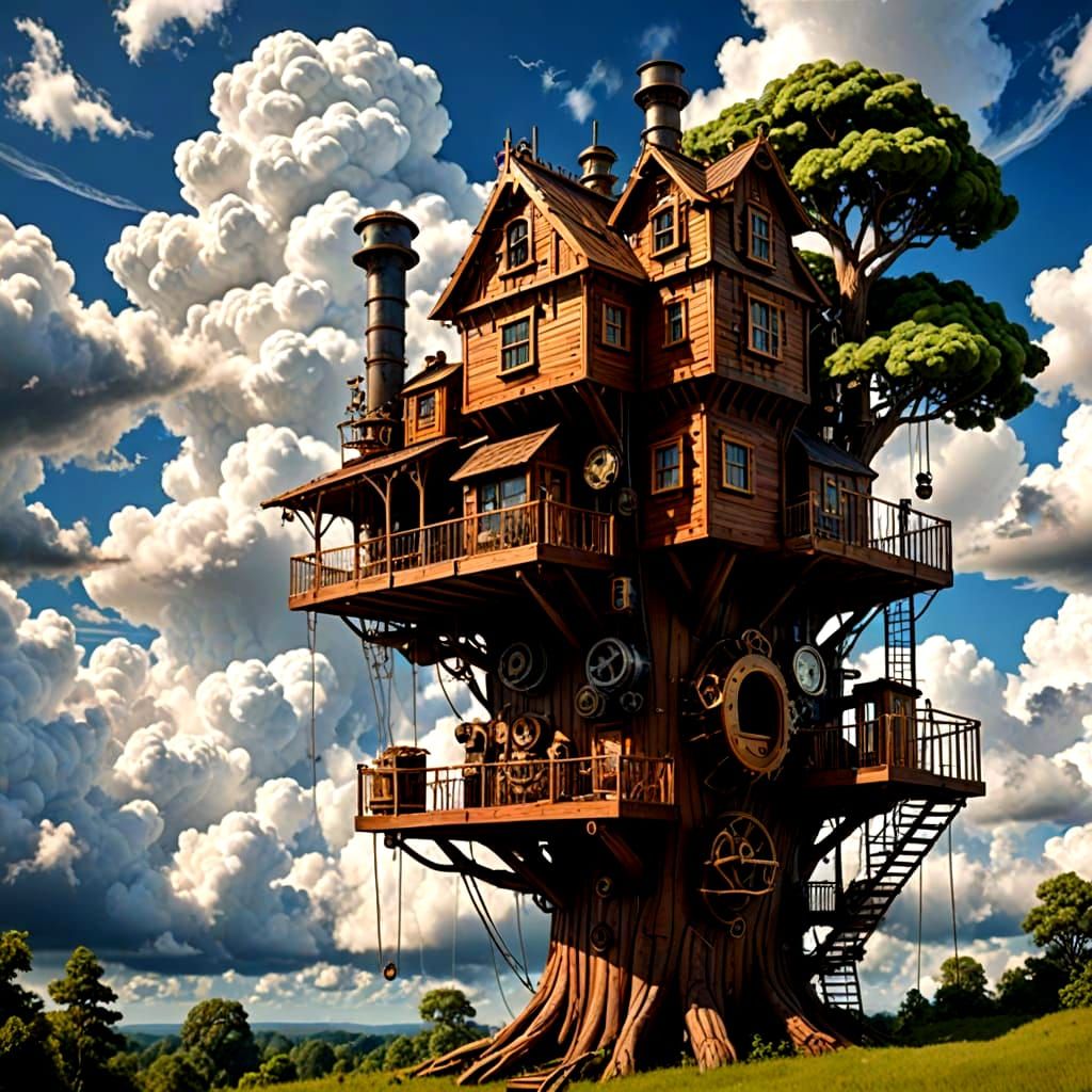 Steampunk Treehouse Amidst Puffy White Clouds