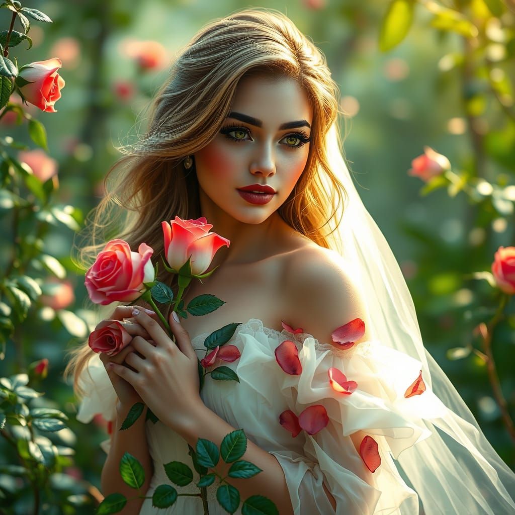 Ethereal Woman in Whimsical Rose Garden