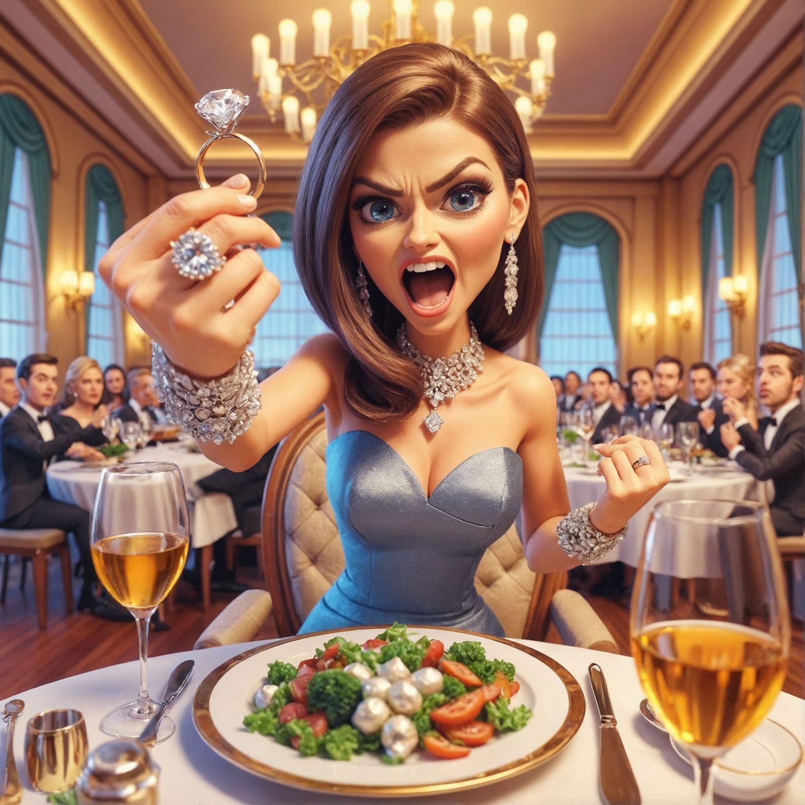 Enraged Woman with Wedding Ring in Cartoon Style
