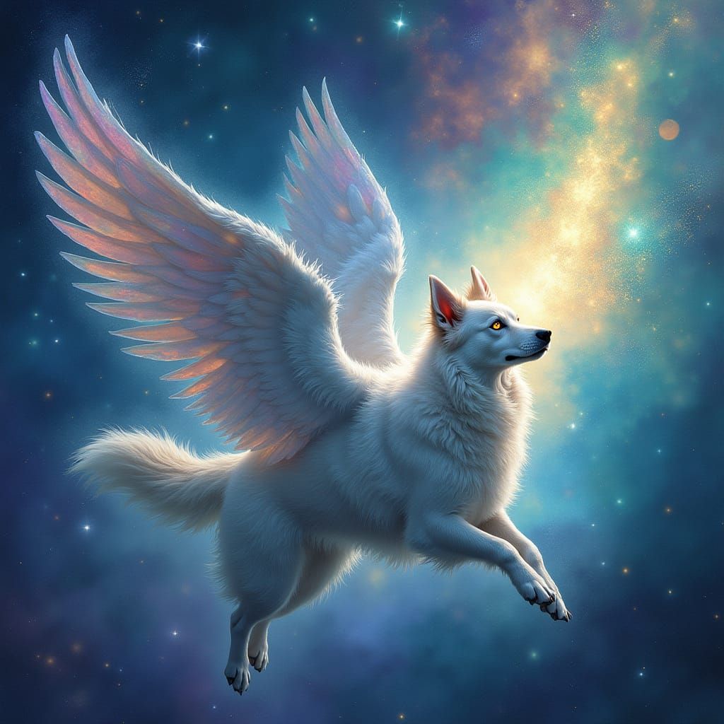 Ethereal Canine Angel in Cosmic Nebula