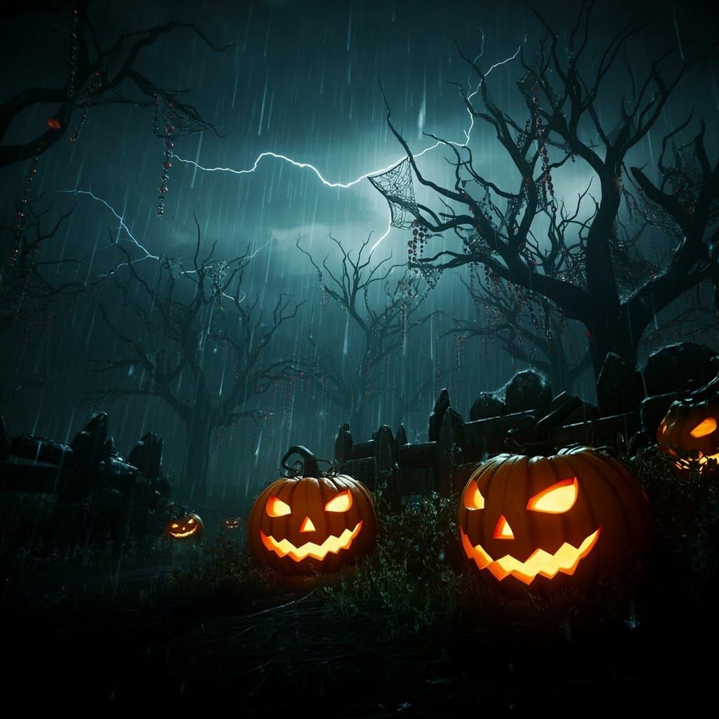 Mystical Halloween Thunderstorm with Glowing Pumpkins