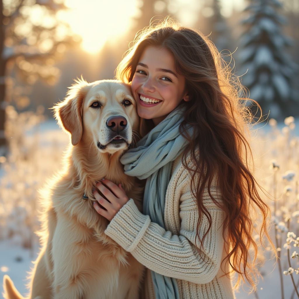 Sun-Kissed Teenage Girl Plays with Her Golden Retriever in a...