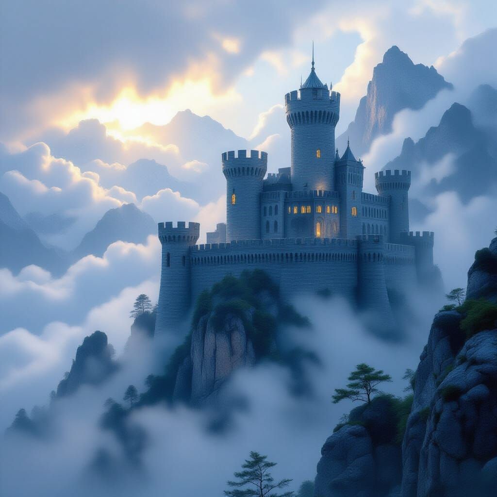 Ancient Castle on Misty Peak in Hyperrealistic Digital Art