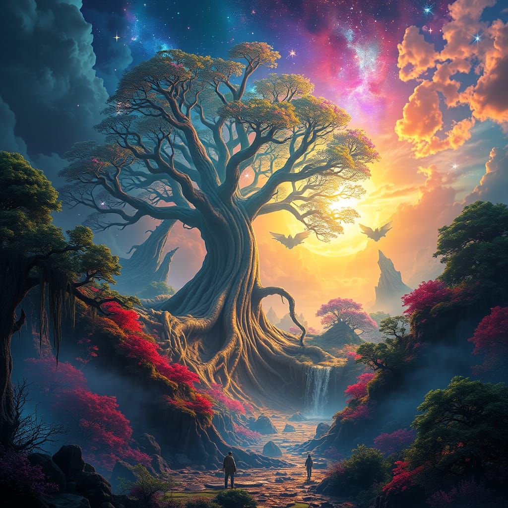 Ethereal Realm of Yggdrasil in Vibrant Fantasy Style
