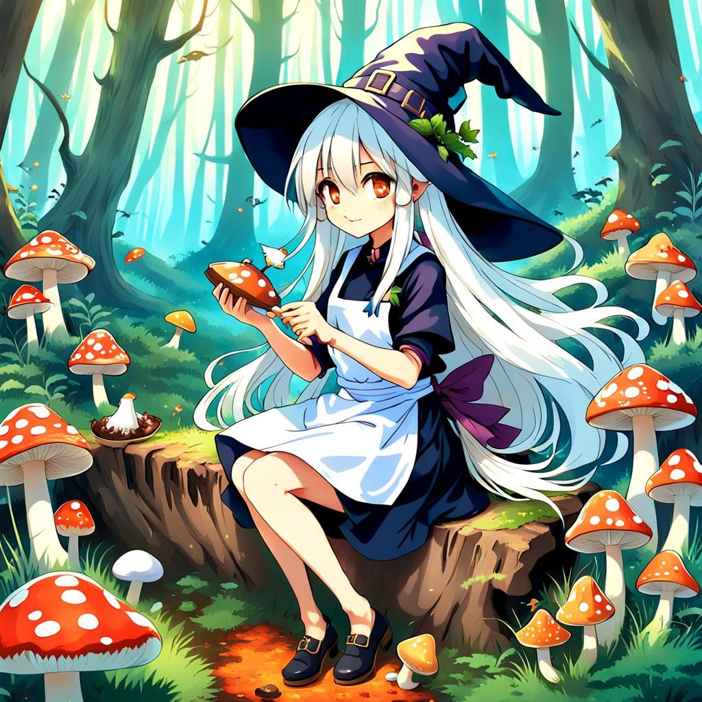 Anime Girl Picking Mushrooms in Magical Forest