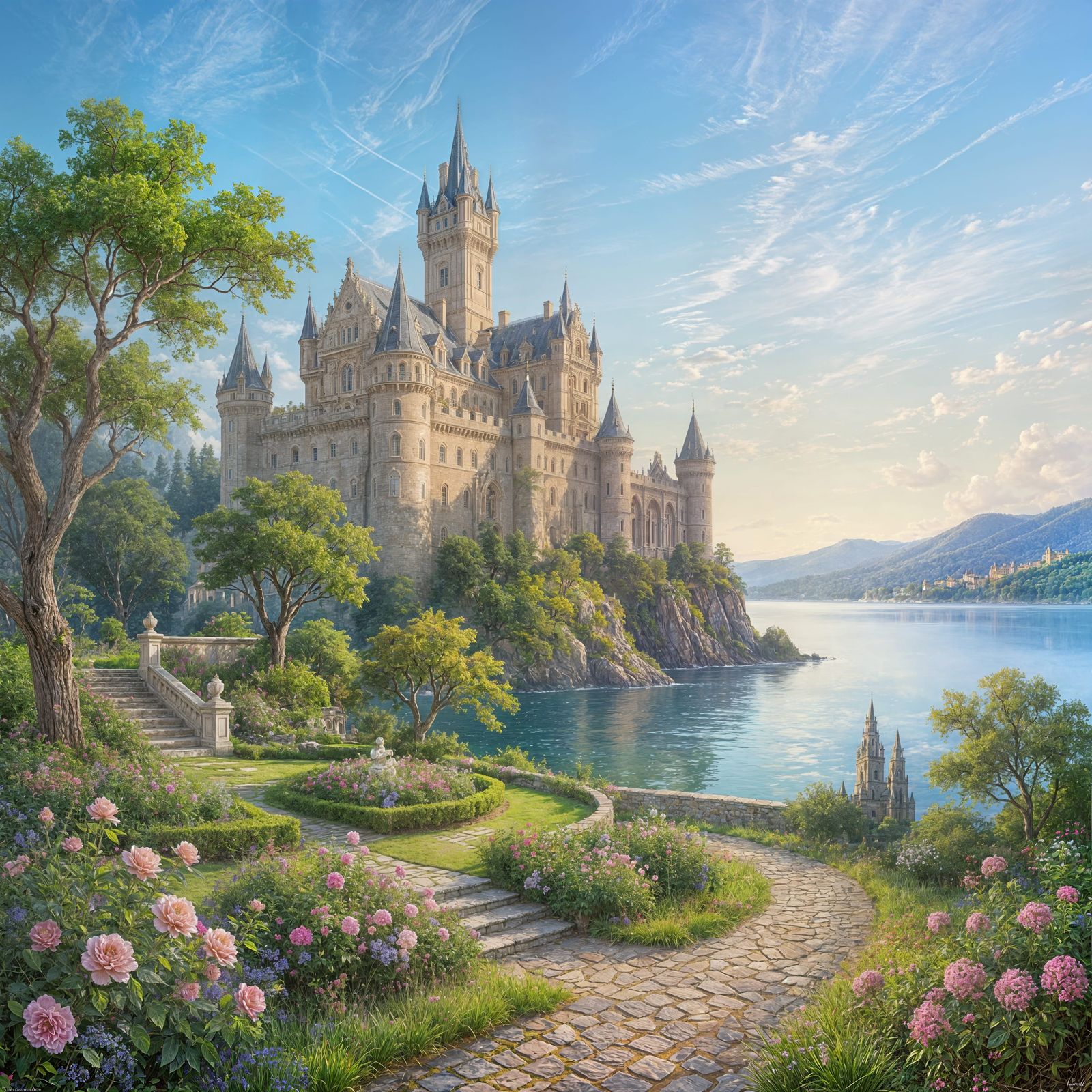 Majestic Castle with Gardens and Winding Path