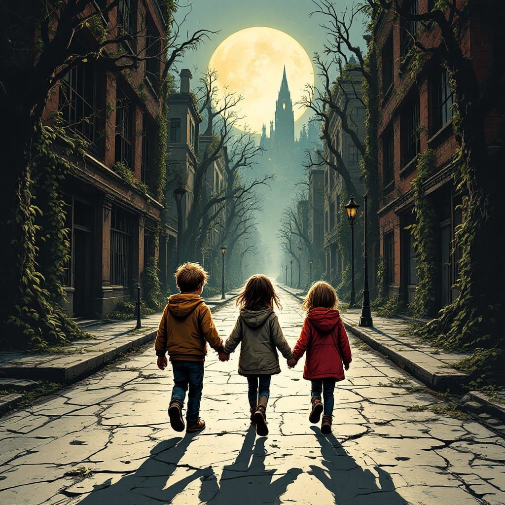 Abandoned Cityscape at Night with Children Walking Hand in H...