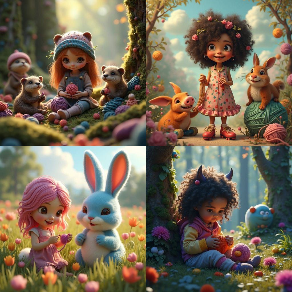 Comical Girl Crochets Amidst Whimsical Menagerie