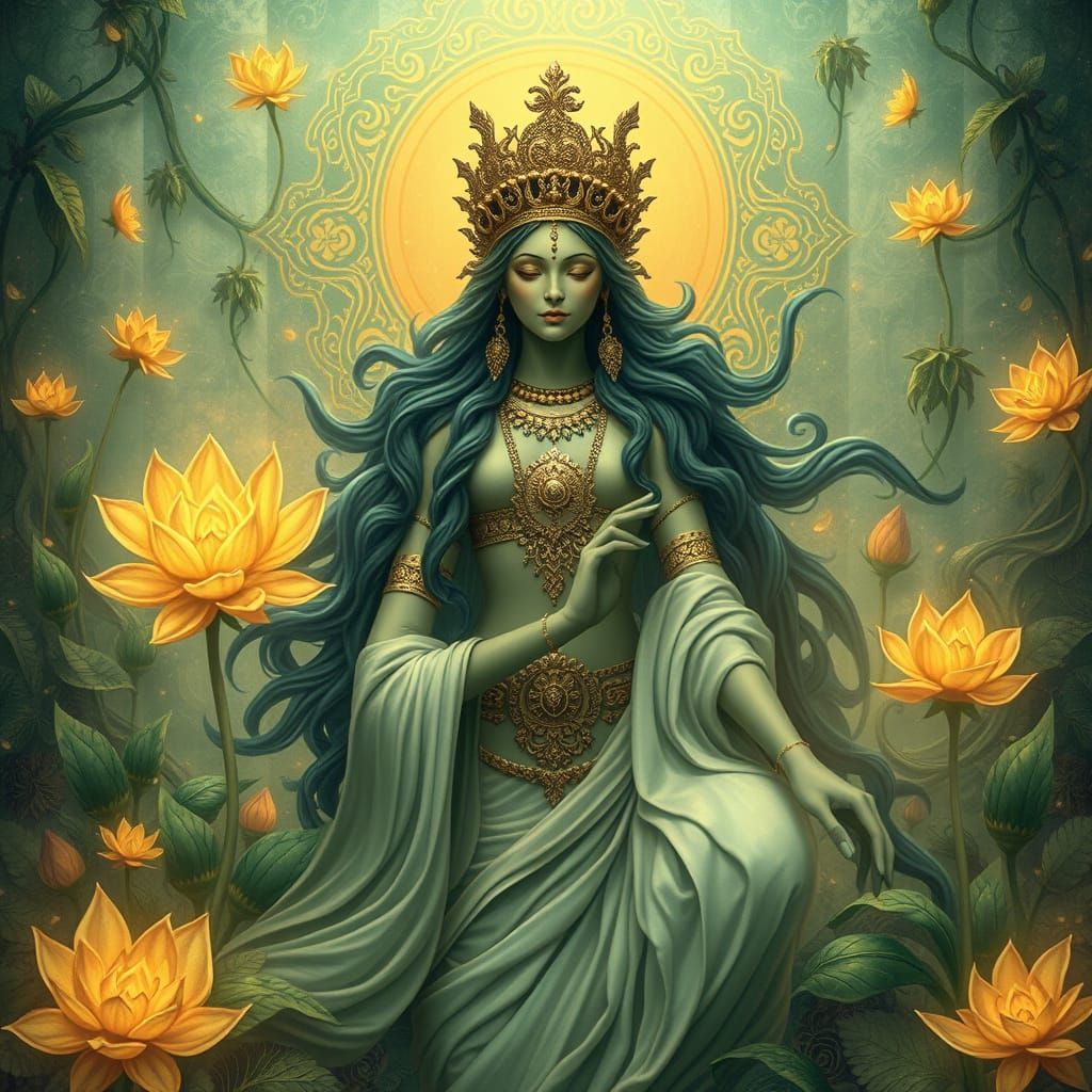 Goddess in Vibrant Botanical Paradise