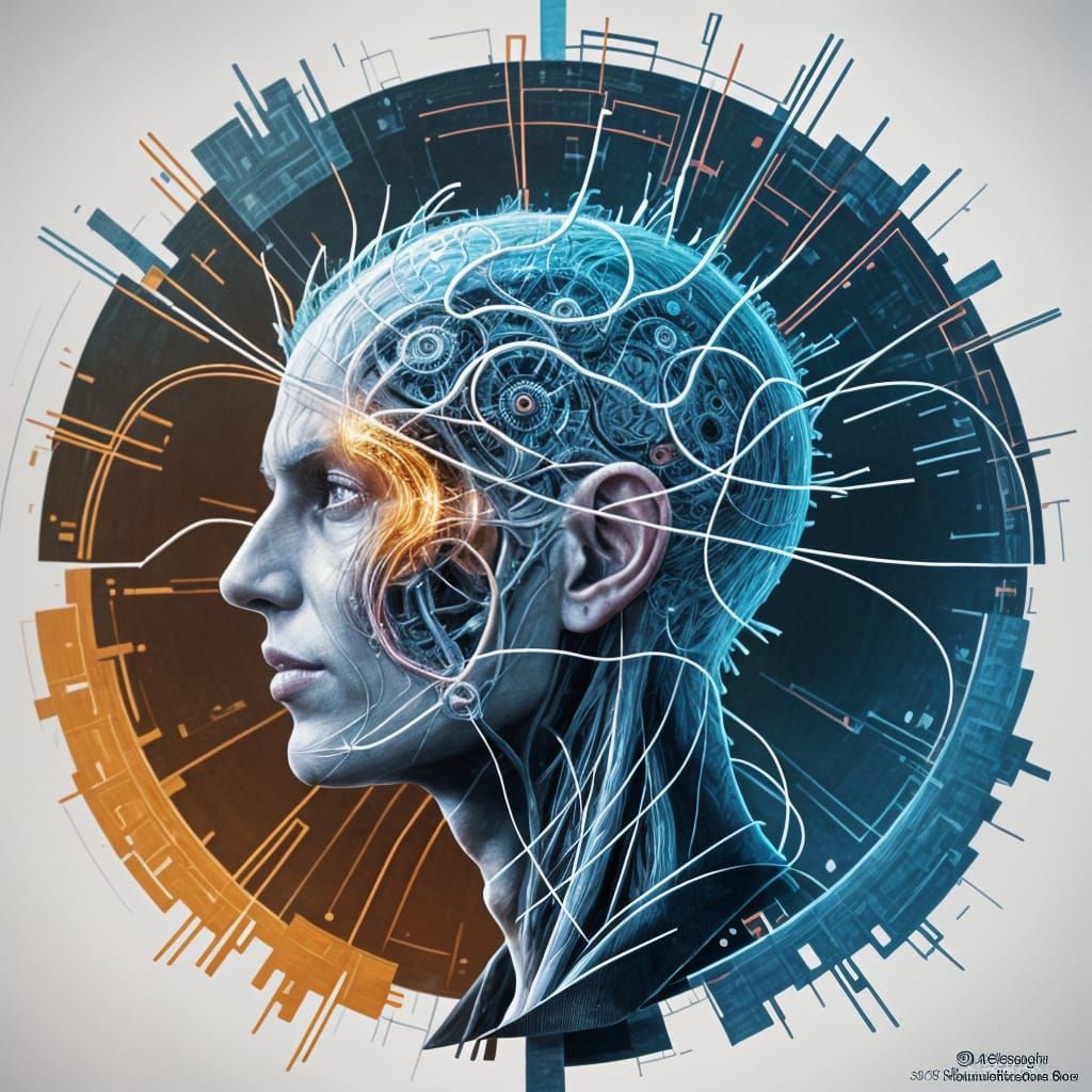 Schematic Nerve Cells with Digital Symbols, Hyperrealistic S...