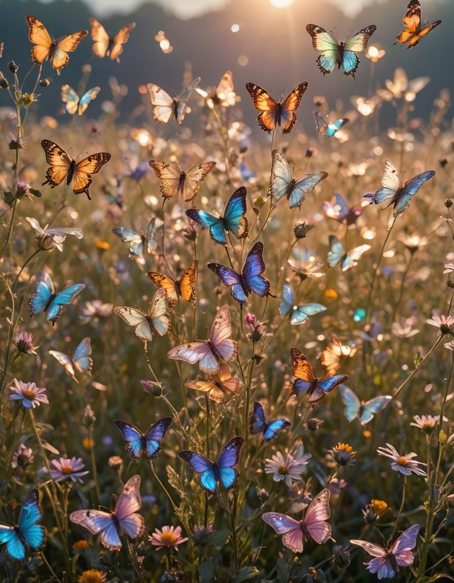 Iridescent Butterflies in a Surreal Wildflower Meadow