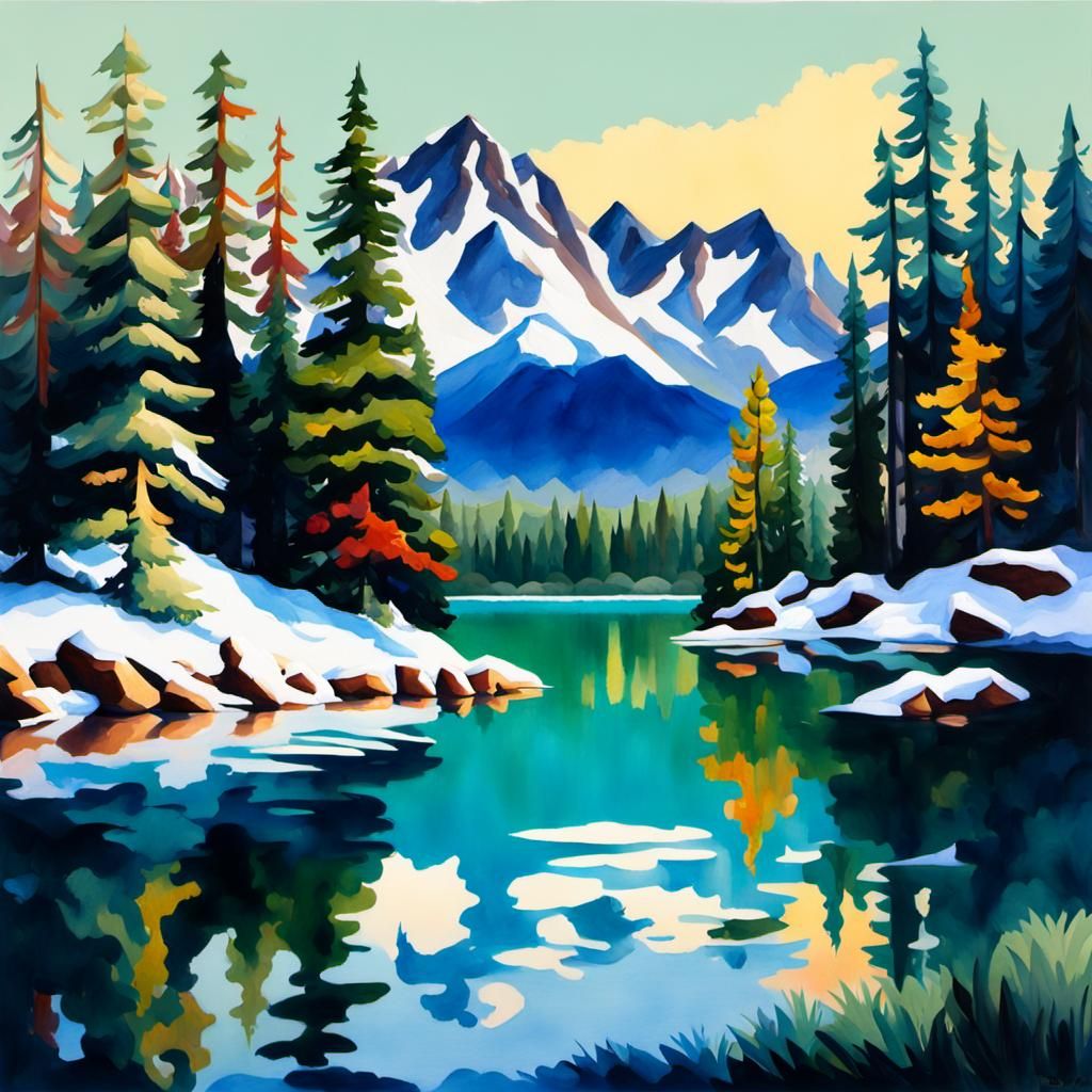 Snowy Mountains and Lake in Gouache Watercolor Style
