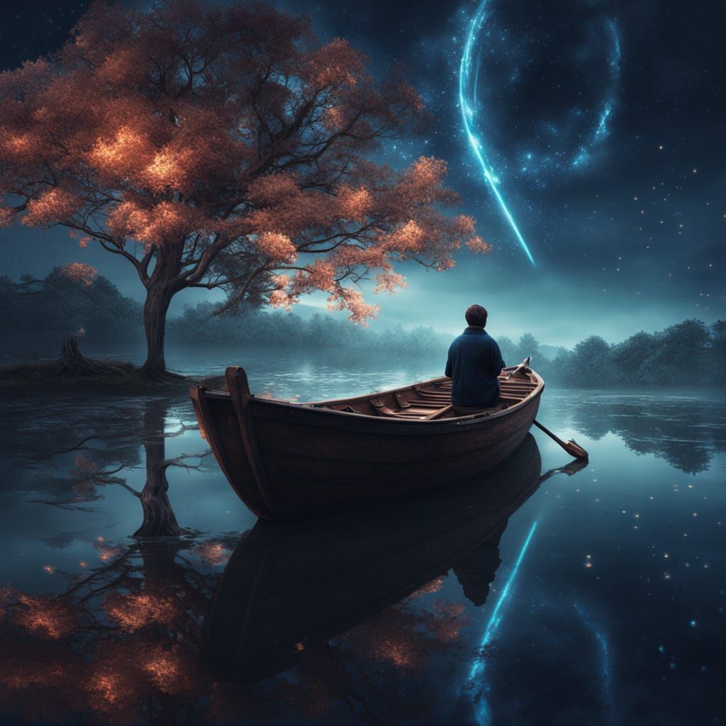 Glowing Tree of Life Under Starry Sky in Surreal Dreamscape