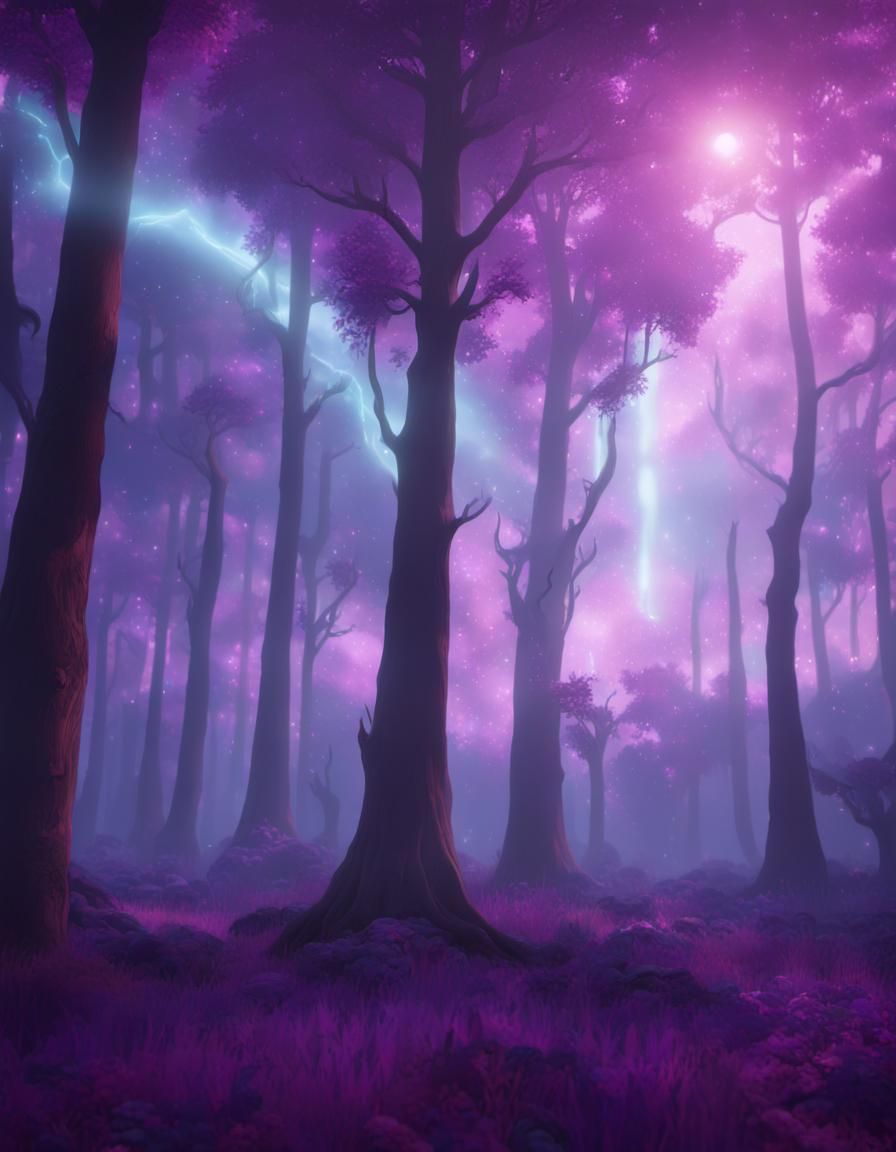 Magical ethereal purple forest with purple trees& fantasy vibes& magical vibes& ethereal vibes& realistic vibes& shimmer...